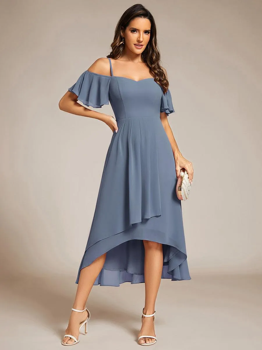 Robes d'invitées de mariage en mousseline  épaules dénudées  hautes et basses  manches courtes