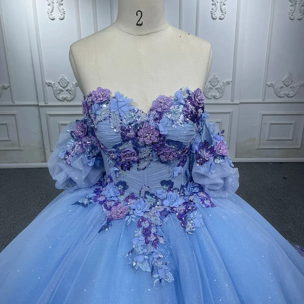 Romantic Bubble sleeves Appliques Evening Dress Sweetheart Strapless Ball Gown