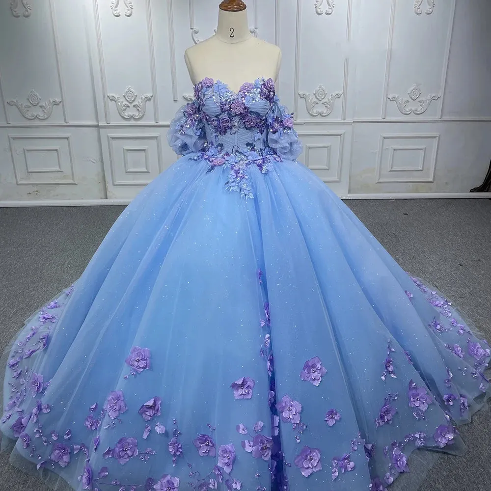 Romantic Bubble sleeves Appliques Evening Dress Sweetheart Strapless Ball Gown