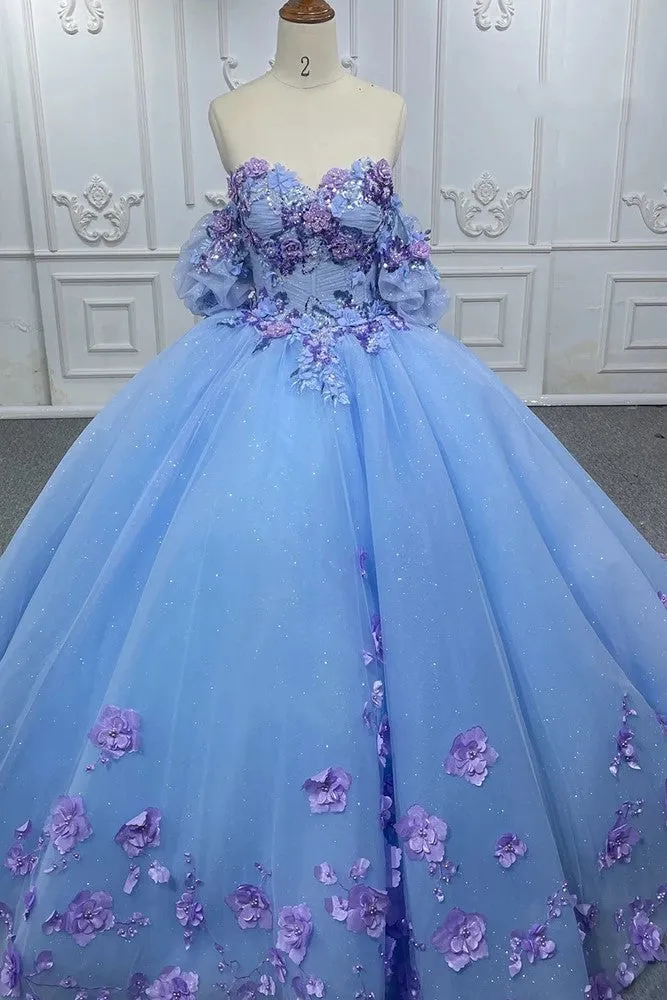 Romantic Bubble sleeves Appliques Evening Dress Sweetheart Strapless Ball Gown