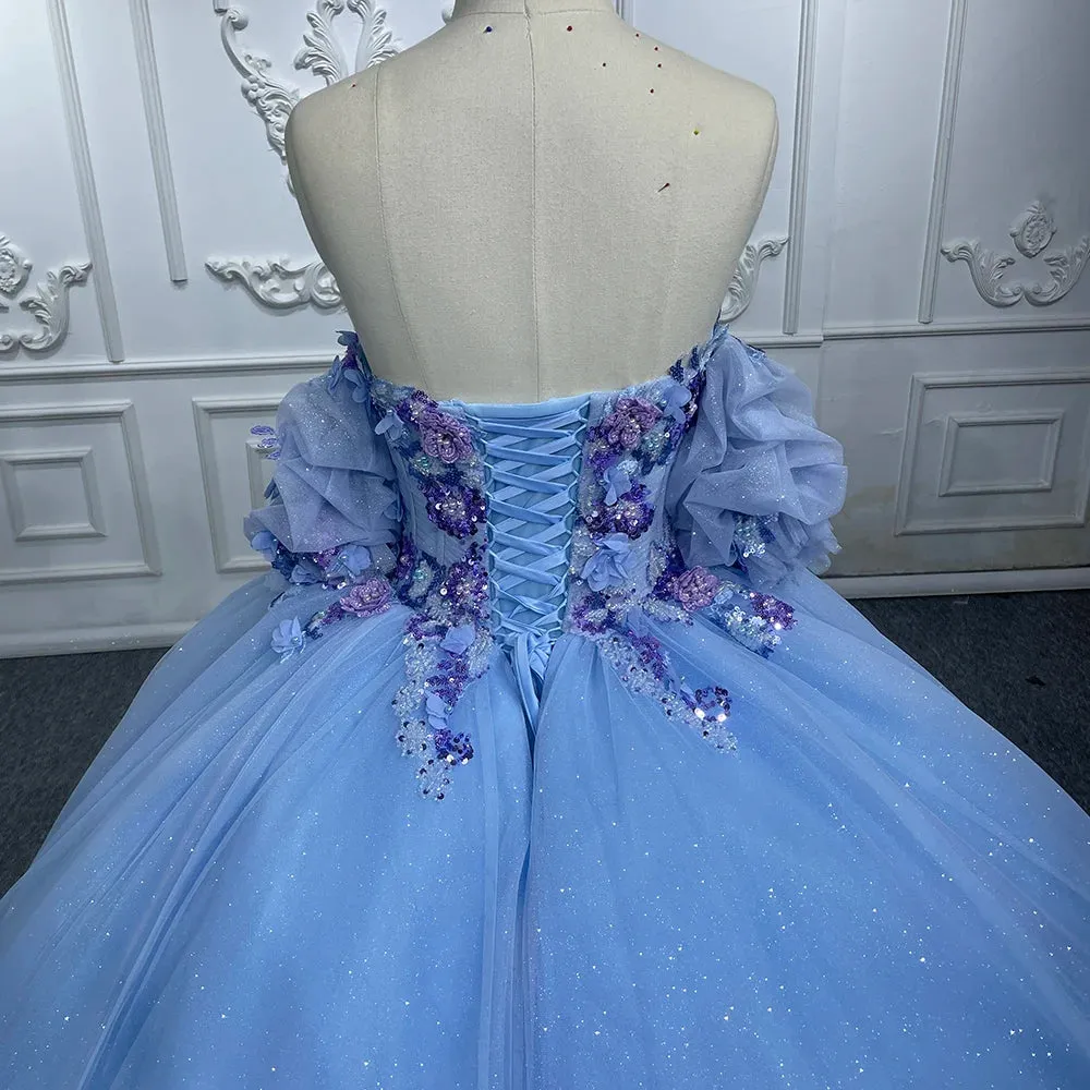 Romantic Bubble sleeves Appliques Evening Dress Sweetheart Strapless Ball Gown