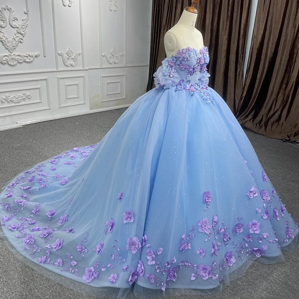 Romantic Bubble sleeves Appliques Evening Dress Sweetheart Strapless Ball Gown