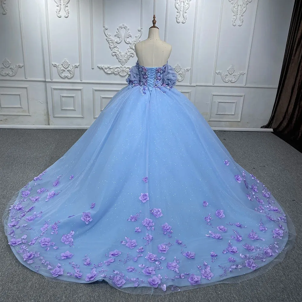 Romantic Bubble sleeves Appliques Evening Dress Sweetheart Strapless Ball Gown