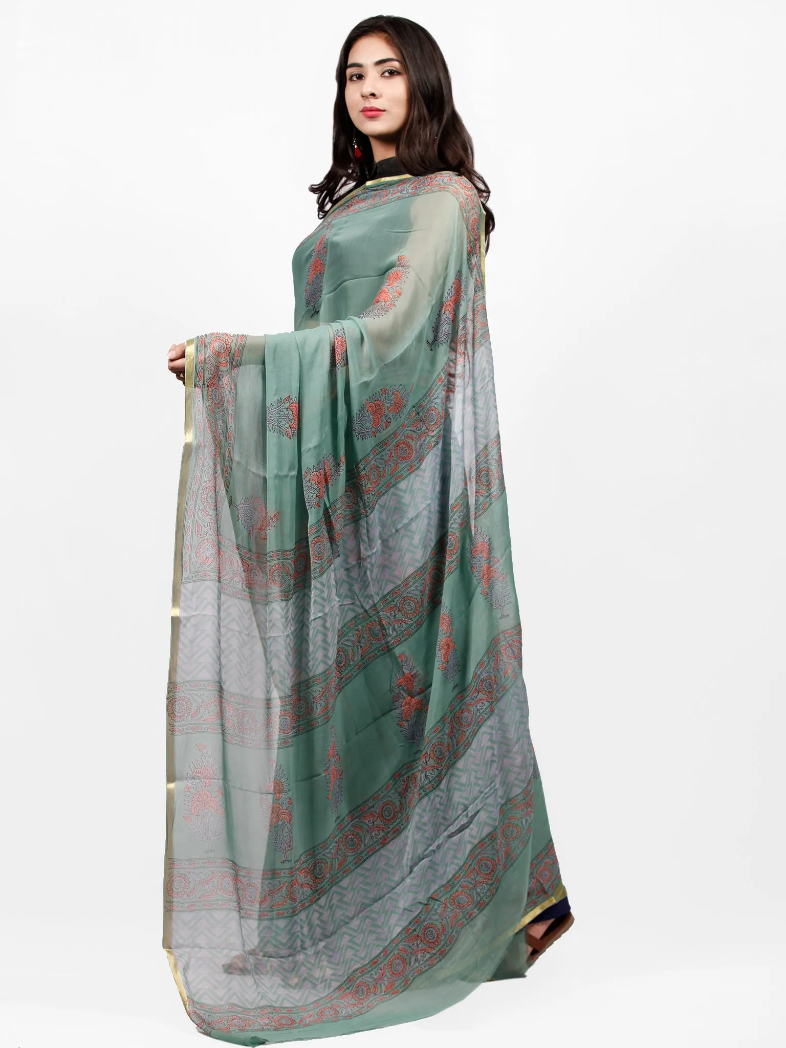 Sage Green Coral Hand Block Printed Chiffon Saree with Zari Border - S031703241