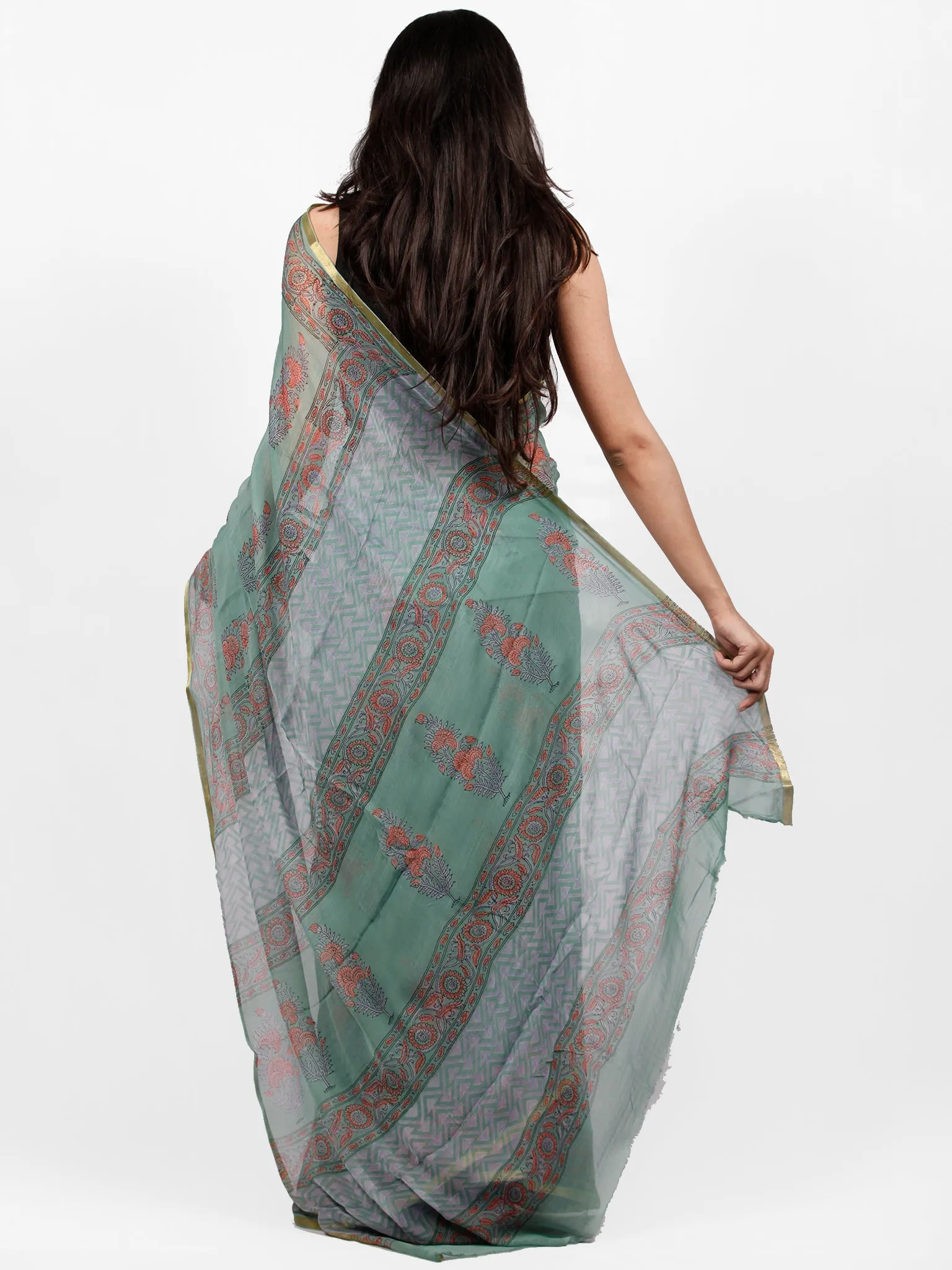 Sage Green Coral Hand Block Printed Chiffon Saree with Zari Border - S031703241