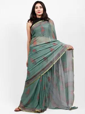 Sage Green Coral Hand Block Printed Chiffon Saree with Zari Border - S031703241