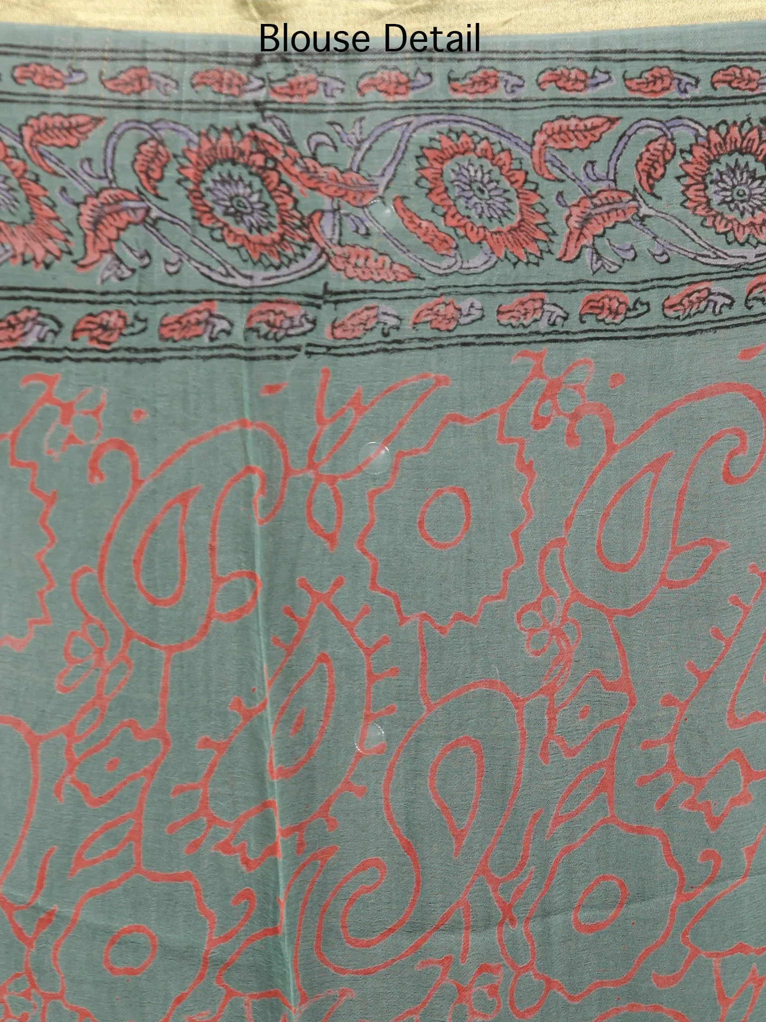 Sage Green Coral Hand Block Printed Chiffon Saree with Zari Border - S031703241