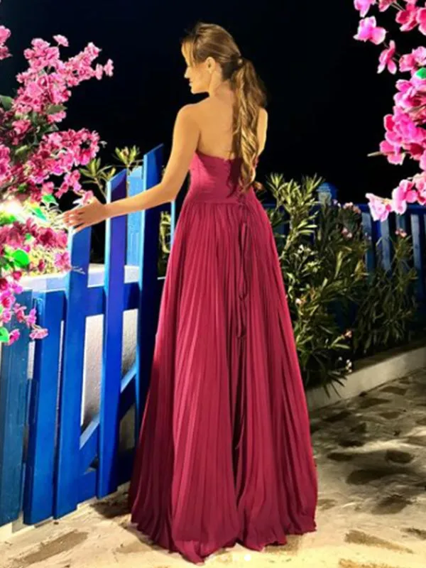 Simple Sweetheart Sleeveless A-line Satin Long Evening Prom Dresses Online, OLP676