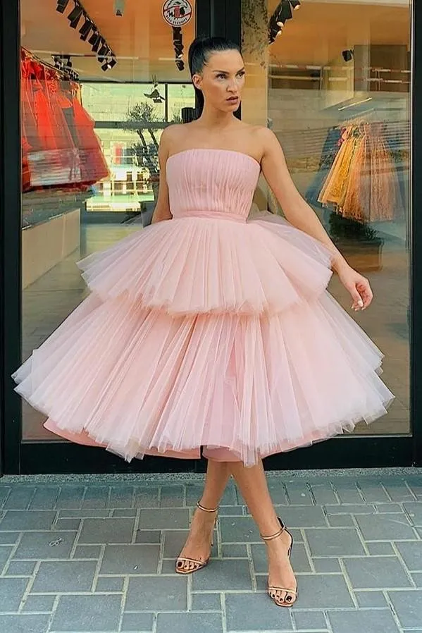 Strapless Pink Tulle Homecoming Dress Gown with Tiered Skirt