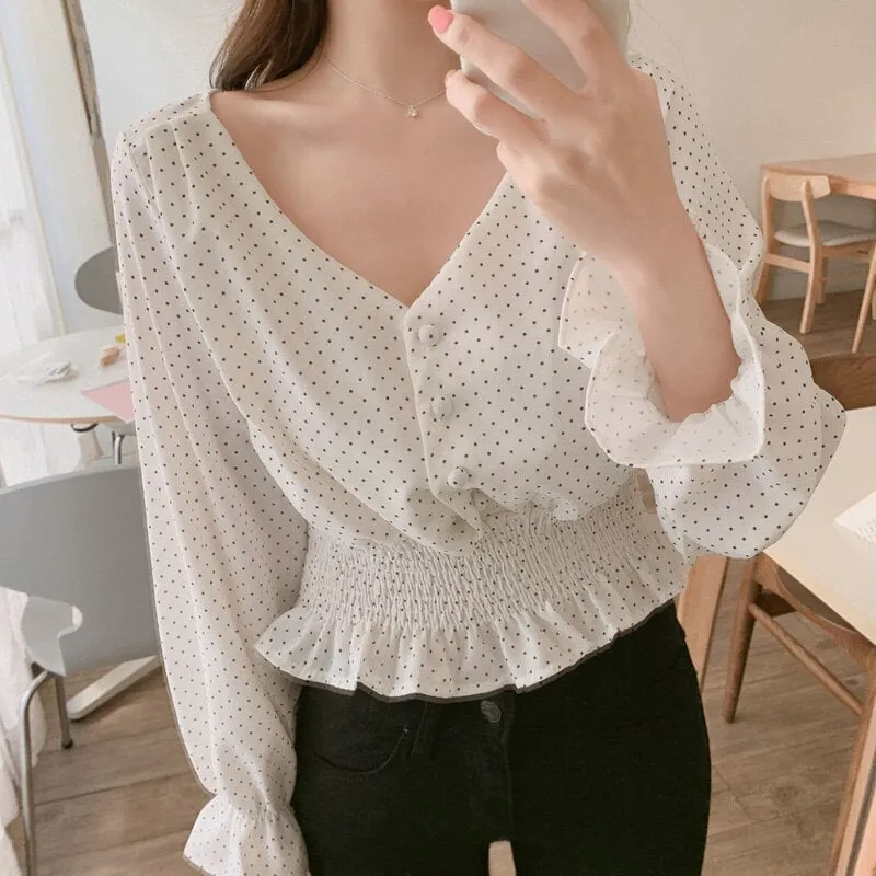 V-neck Flare Sleeve Polka Dot Blouse