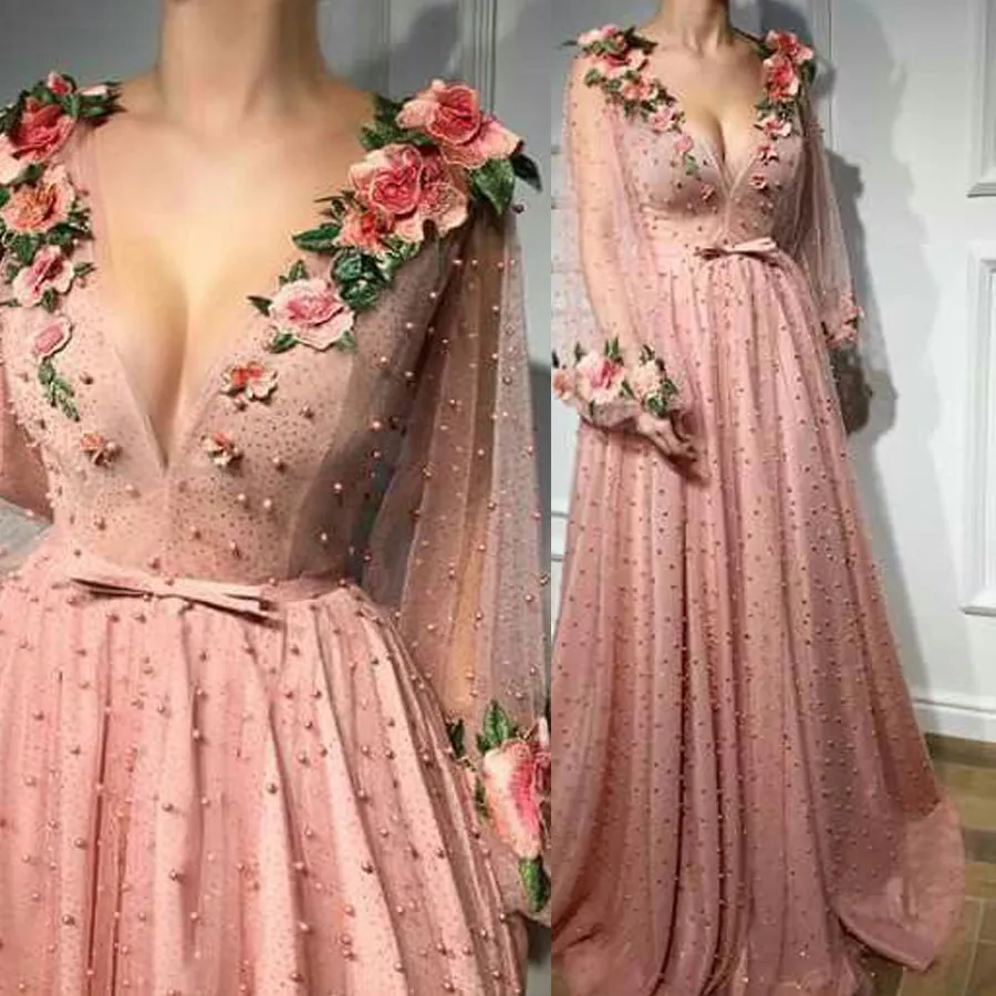 V neck Pink Long Prom Dress Evening Dresses