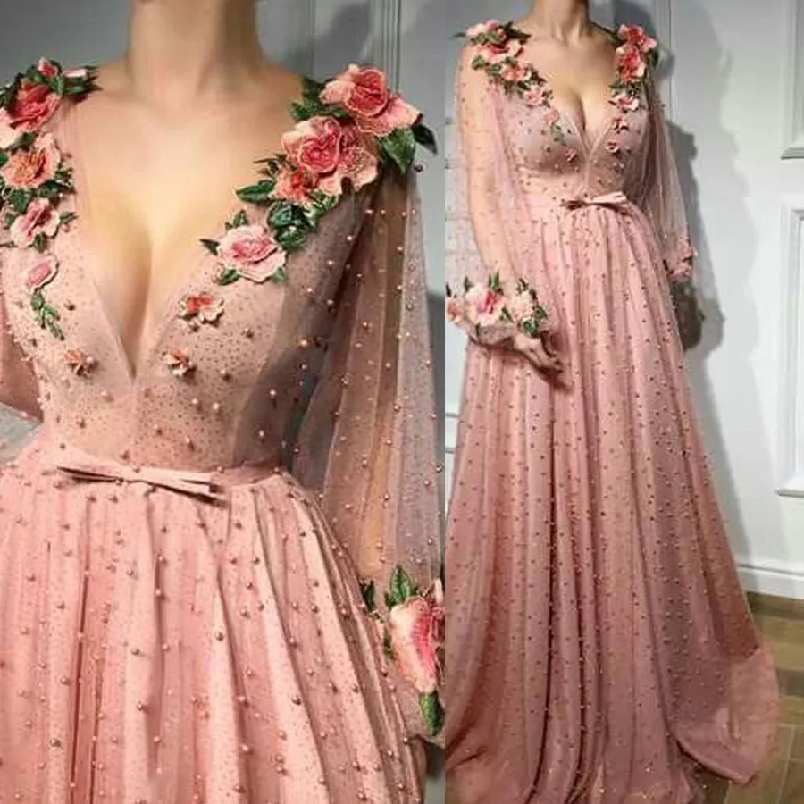 V neck Pink Long Prom Dress Evening Dresses