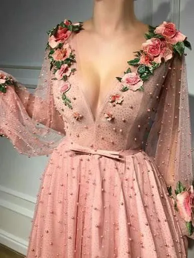 V neck Pink Long Prom Dress Evening Dresses