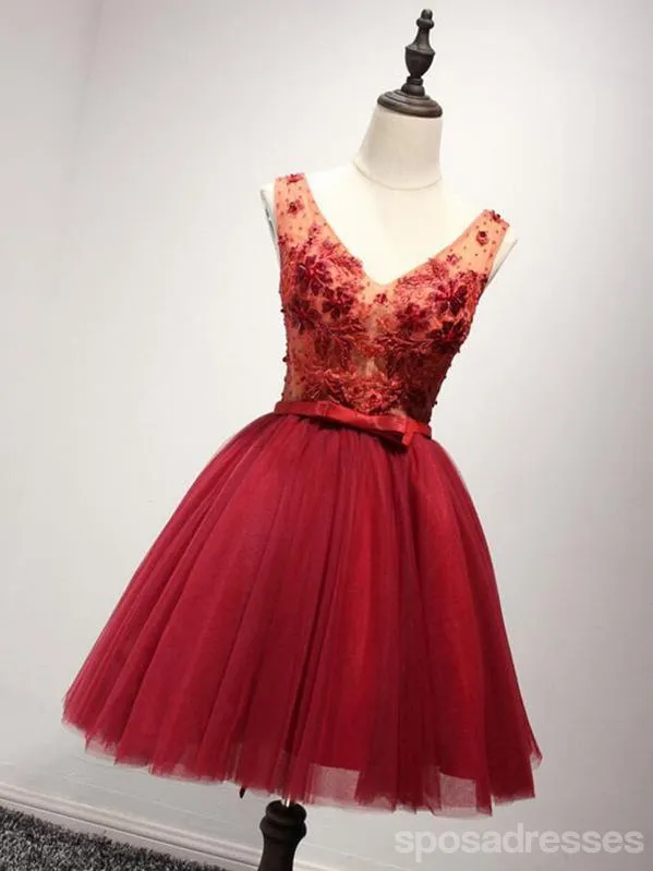 V Neckline Red Lace See Through Homecoming Prom Dresses, Affordable Short Party Corset Back Prom Dresses, Perfect Homecoming Dresses, CM229