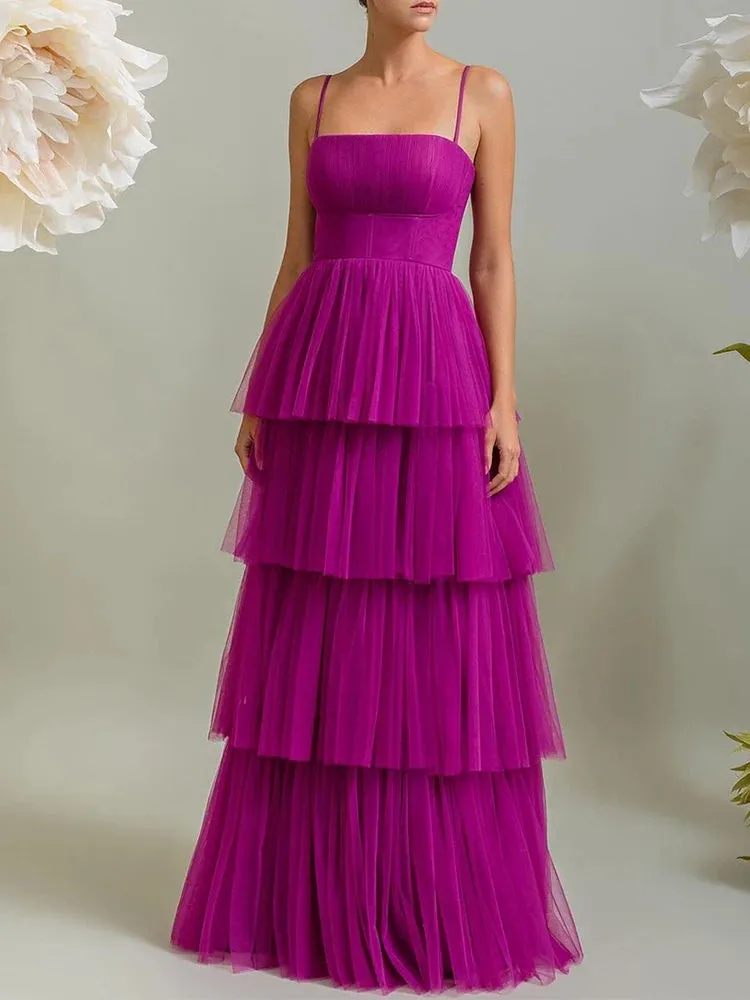 Vanilla Vogue Purple Spaghetti Straps Sleeveless Tiered Evening Dress