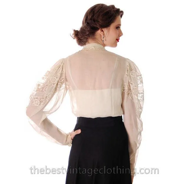Vintage Blouse Amazing Leg O'Mutton Sleeves Rivoli Crystal Buttons 1940s