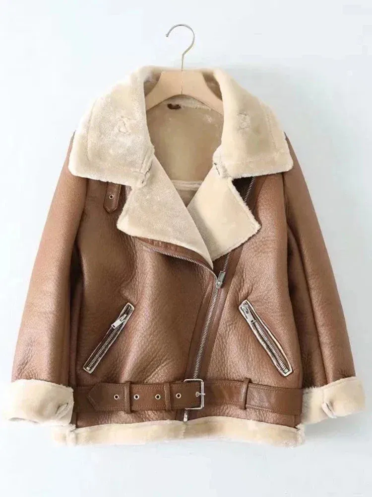Winter Coats Women Thickness Faux Leather Fur Jacket Aviator Outwear