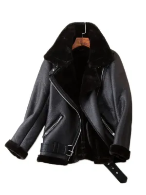 Winter Coats Women Thickness Faux Leather Fur Jacket Aviator Outwear