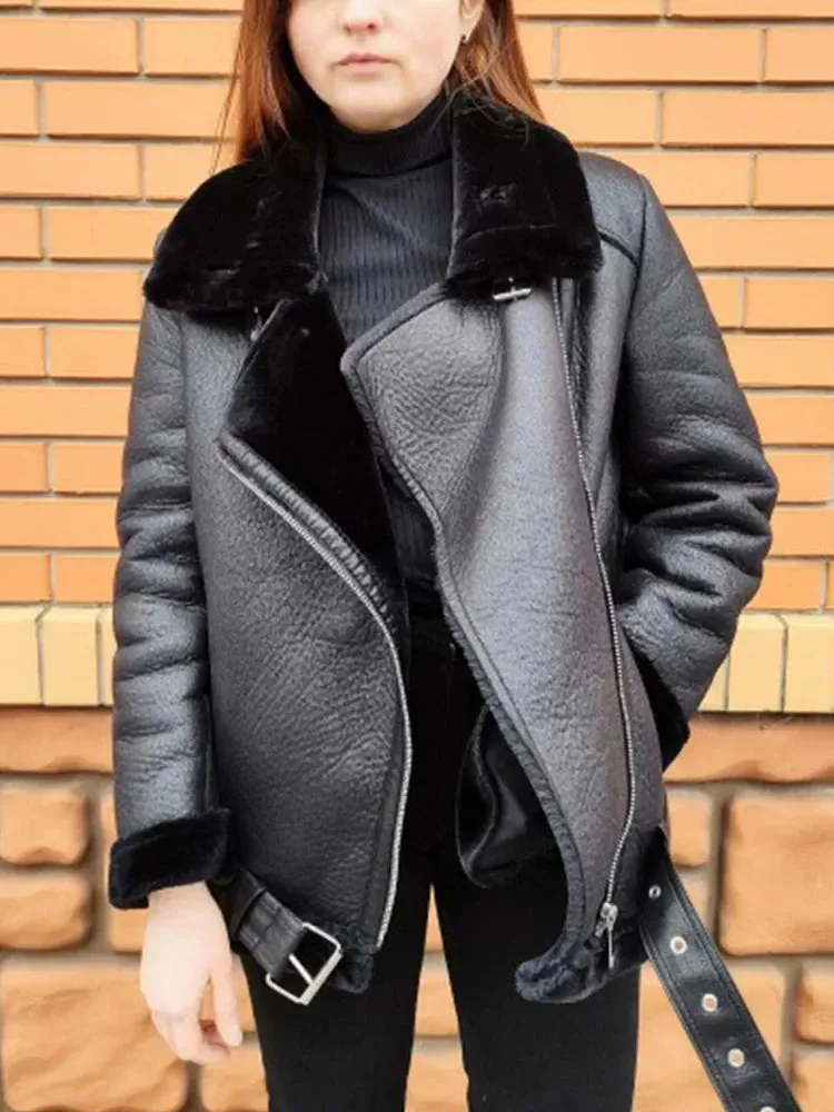 Winter Coats Women Thickness Faux Leather Fur Jacket Aviator Outwear