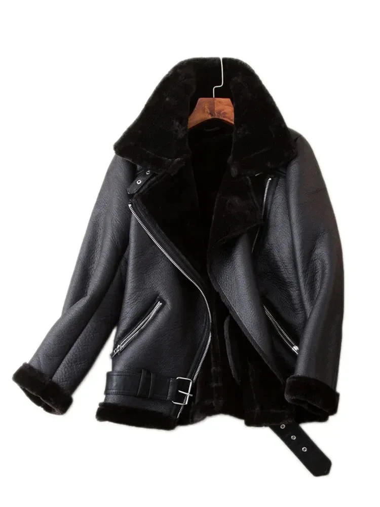 Winter Coats Women Thickness Faux Leather Fur Jacket Aviator Outwear