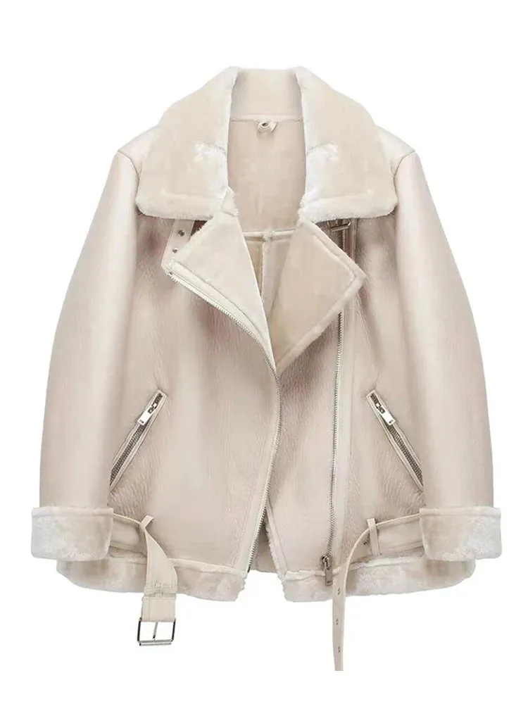 Winter Coats Women Thickness Faux Leather Fur Jacket Aviator Outwear