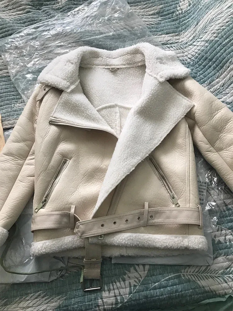 Winter Coats Women Thickness Faux Leather Fur Jacket Aviator Outwear