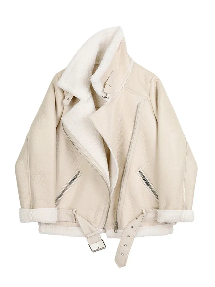 Winter Coats Women Thickness Faux Leather Fur Jacket Aviator Outwear