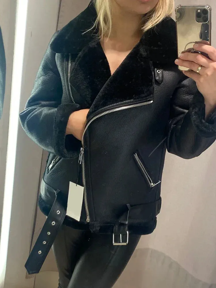 Winter Coats Women Thickness Faux Leather Fur Jacket Aviator Outwear
