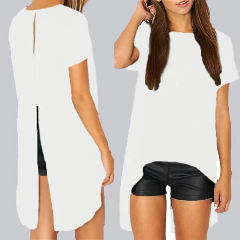 Women Blouses Chiffon Split Backless Short Sleeve Ladies Loose Irregular Hem Casual Tops Tee Plus Size