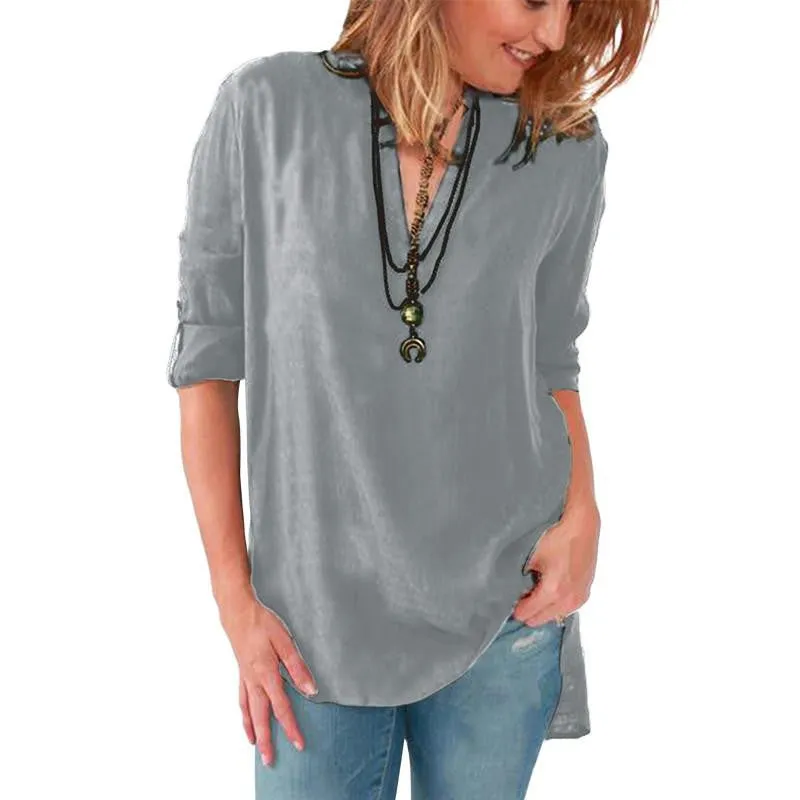 Women Blouses Long Sleeve Shirts Solid V-neck Vintage Shirt Wild Casual Loose Blouse Ladies Tops Plus Size LJ5189A