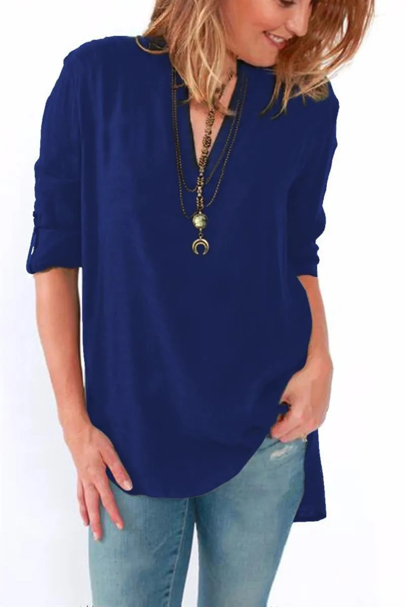 Women Blouses Long Sleeve Shirts Solid V-neck Vintage Shirt Wild Casual Loose Blouse Ladies Tops Plus Size LJ5189A