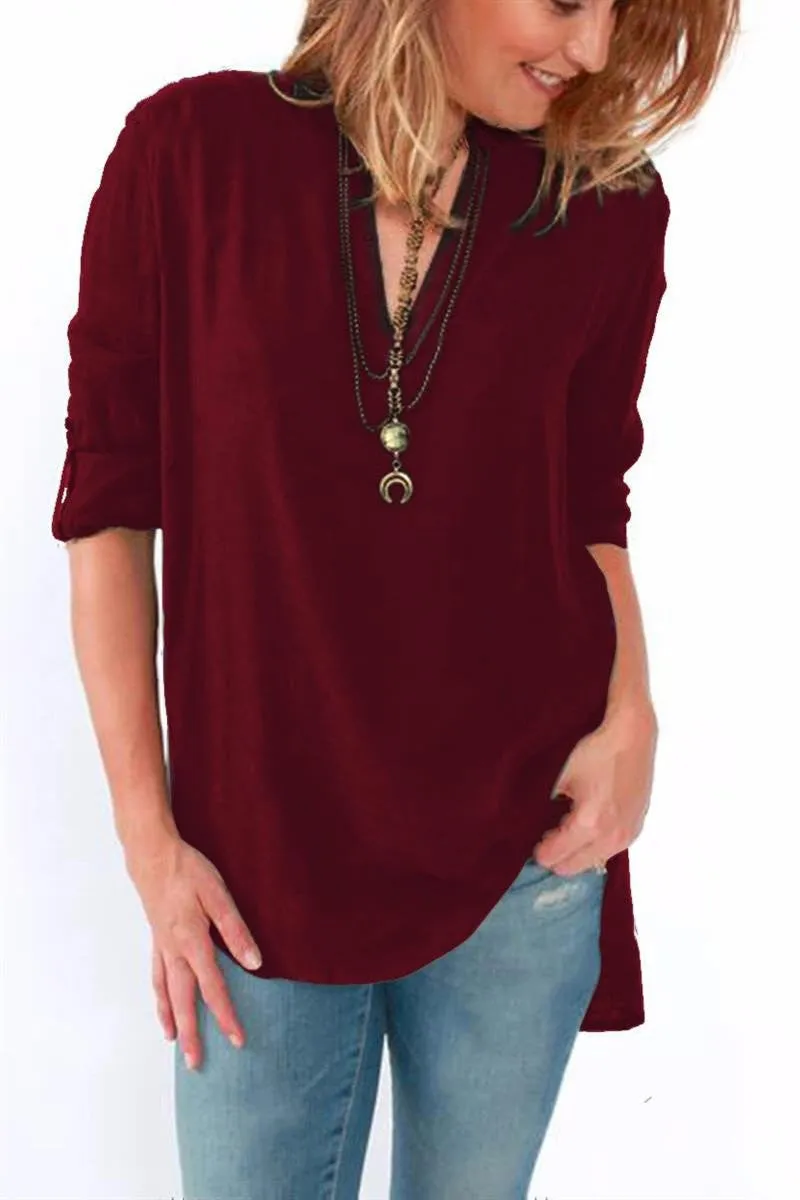Women Blouses Long Sleeve Shirts Solid V-neck Vintage Shirt Wild Casual Loose Blouse Ladies Tops Plus Size LJ5189A