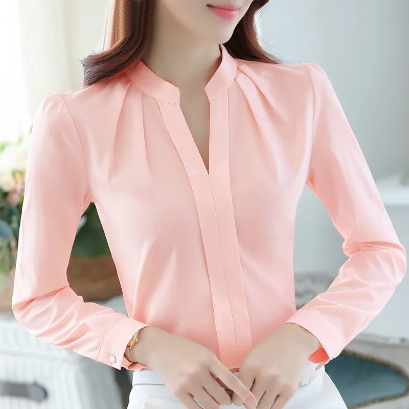 Women Chiffon Shirt Elegant Solid V-neck Slim Casual Women Blouses