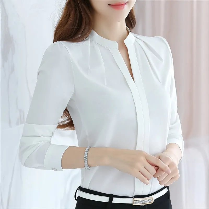 Women Chiffon Shirt Elegant Solid V-neck Slim Casual Women Blouses