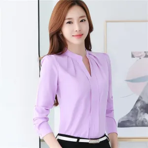 Women Chiffon Shirt Elegant Solid V-neck Slim Casual Women Blouses