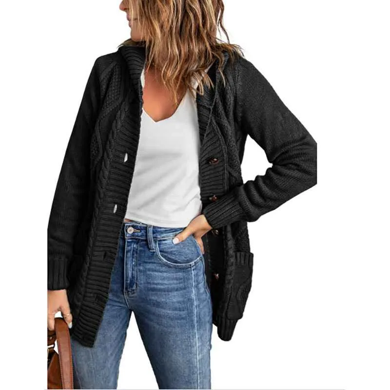 Women Hooded Open Front Cardigan Cable Knit Sweaters Solid Color Chunky Long Sweater Coats K114