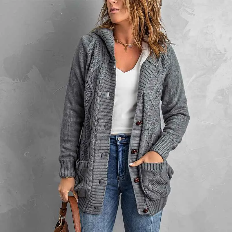 Women Hooded Open Front Cardigan Cable Knit Sweaters Solid Color Chunky Long Sweater Coats K114