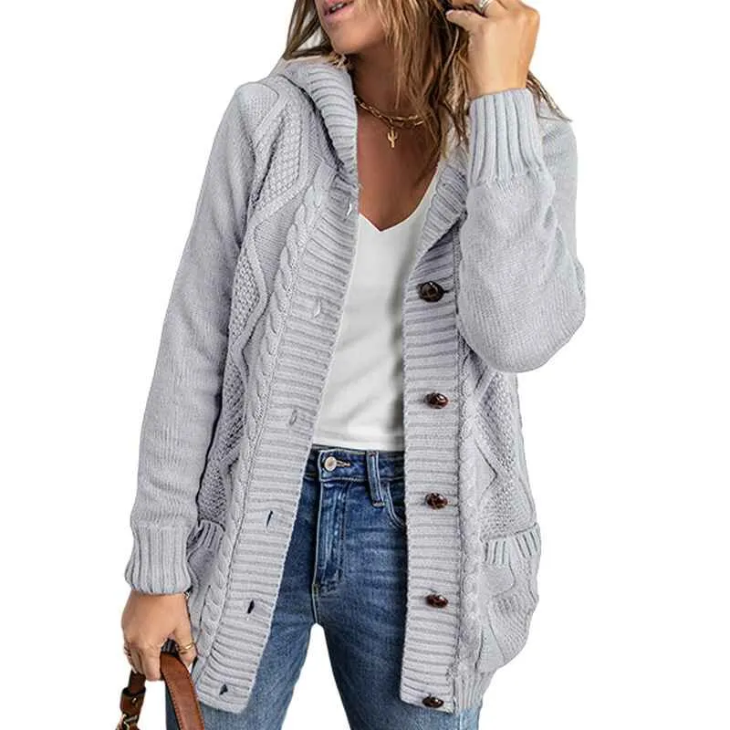 Women Hooded Open Front Cardigan Cable Knit Sweaters Solid Color Chunky Long Sweater Coats K114