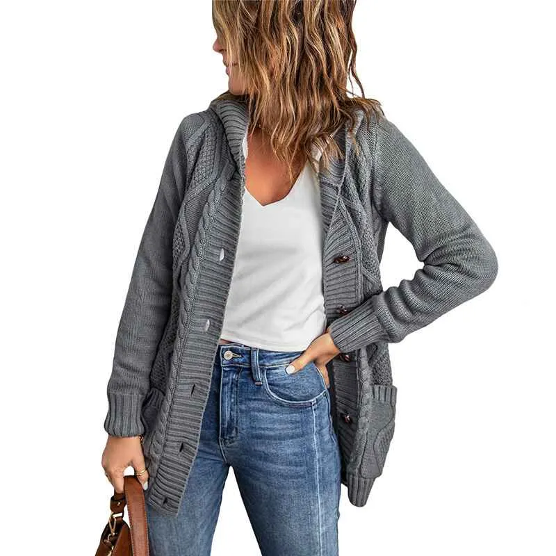 Women Hooded Open Front Cardigan Cable Knit Sweaters Solid Color Chunky Long Sweater Coats K114