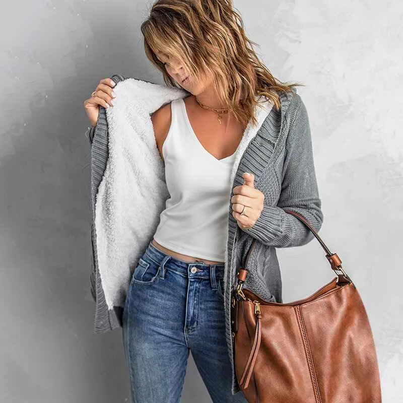 Women Hooded Open Front Cardigan Cable Knit Sweaters Solid Color Chunky Long Sweater Coats K114