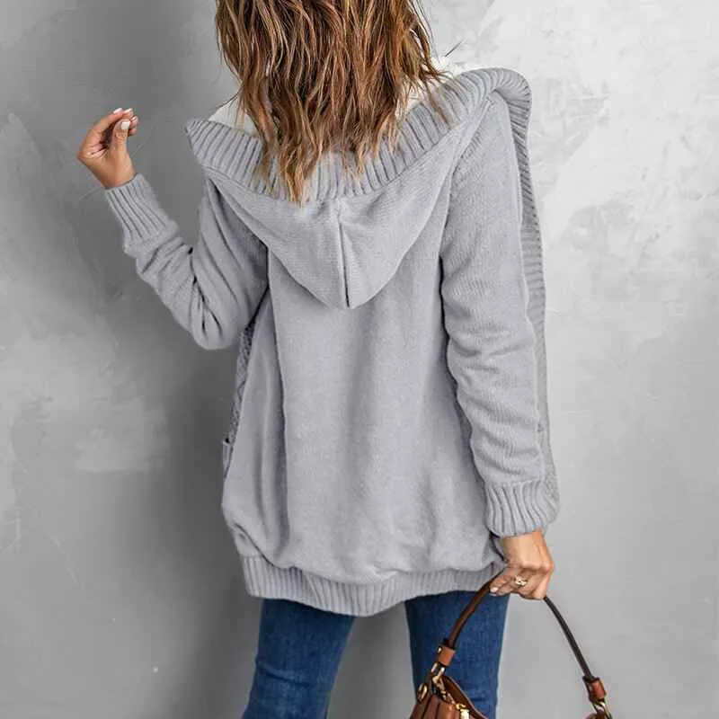 Women Hooded Open Front Cardigan Cable Knit Sweaters Solid Color Chunky Long Sweater Coats K114