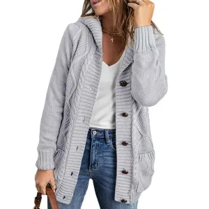 Women Hooded Open Front Cardigan Cable Knit Sweaters Solid Color Chunky Long Sweater Coats K114