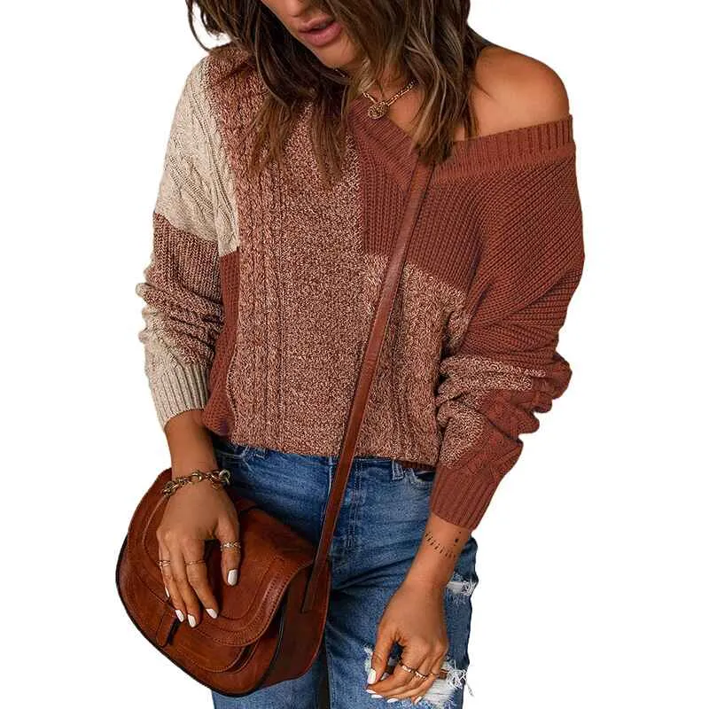 Women Sweaters-Oversized Chunky Knit Color Block Drop Shoulder Batwing Sleeve Pullover Sweater Tops K127