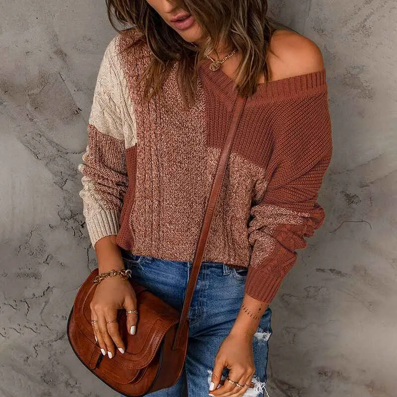 Women Sweaters-Oversized Chunky Knit Color Block Drop Shoulder Batwing Sleeve Pullover Sweater Tops K127