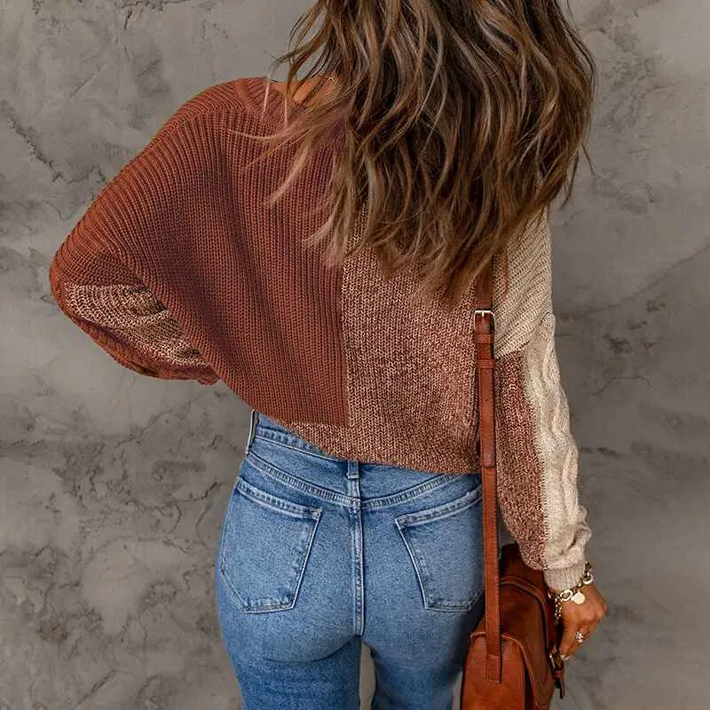 Women Sweaters-Oversized Chunky Knit Color Block Drop Shoulder Batwing Sleeve Pullover Sweater Tops K127