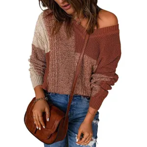 Women Sweaters-Oversized Chunky Knit Color Block Drop Shoulder Batwing Sleeve Pullover Sweater Tops K127
