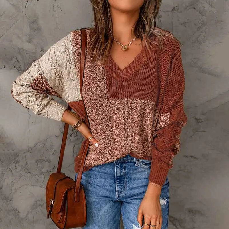 Women Sweaters-Oversized Chunky Knit Color Block Drop Shoulder Batwing Sleeve Pullover Sweater Tops K127