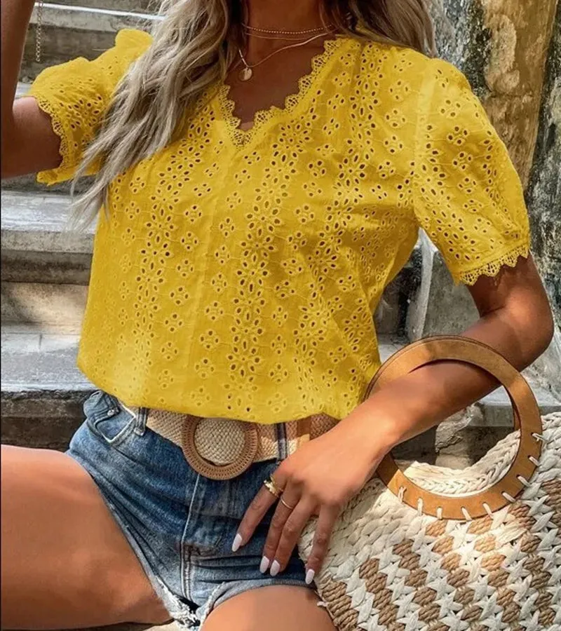 Women's Chiffon Shirt Short Sleeve Blouses Hollow Out Casual Elegant Solid Color