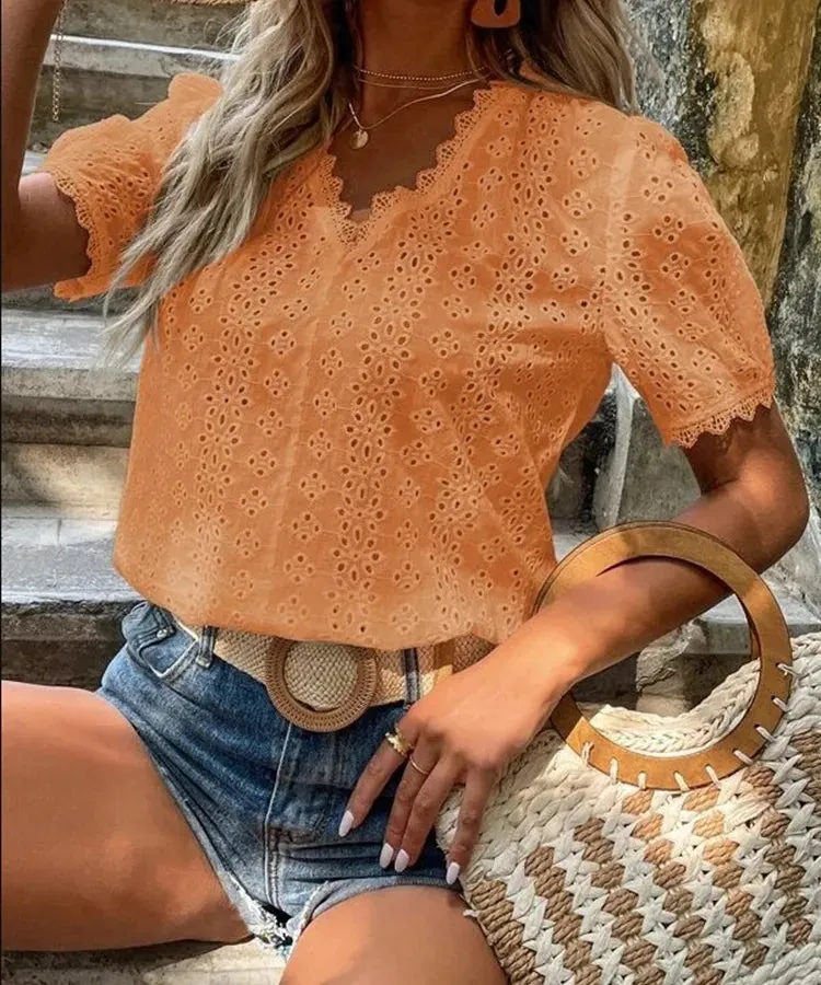 Women's Chiffon Shirt Short Sleeve Blouses Hollow Out Casual Elegant Solid Color