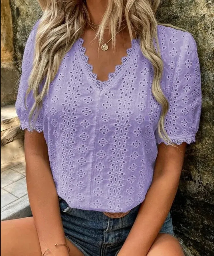 Women's Chiffon Shirt Short Sleeve Blouses Hollow Out Casual Elegant Solid Color
